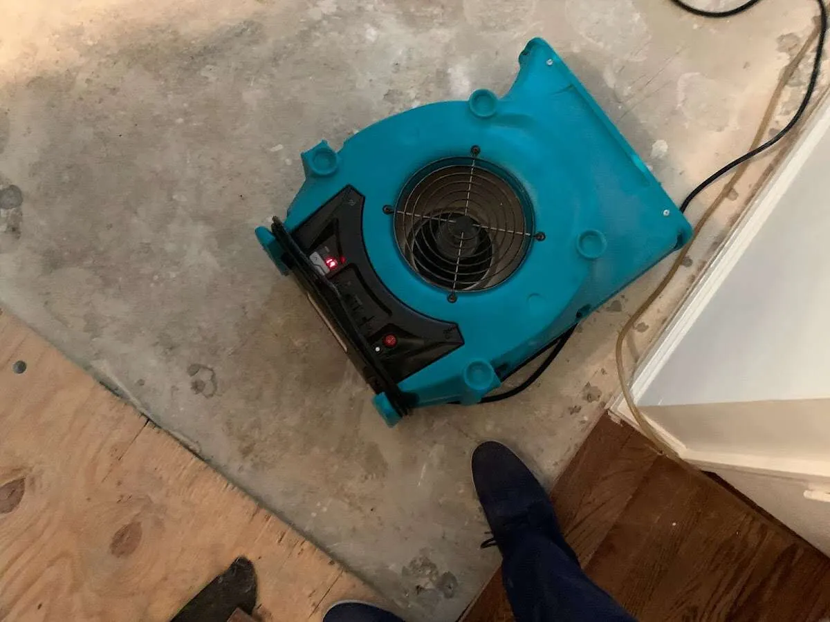 Air mover drying subfloor during Leak Detection & Repair in Middletown